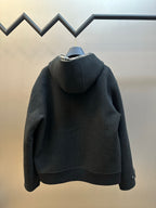 Burberry hooded zip jacket rear view, dark charcoal, no-pattern solid with ribbed hem