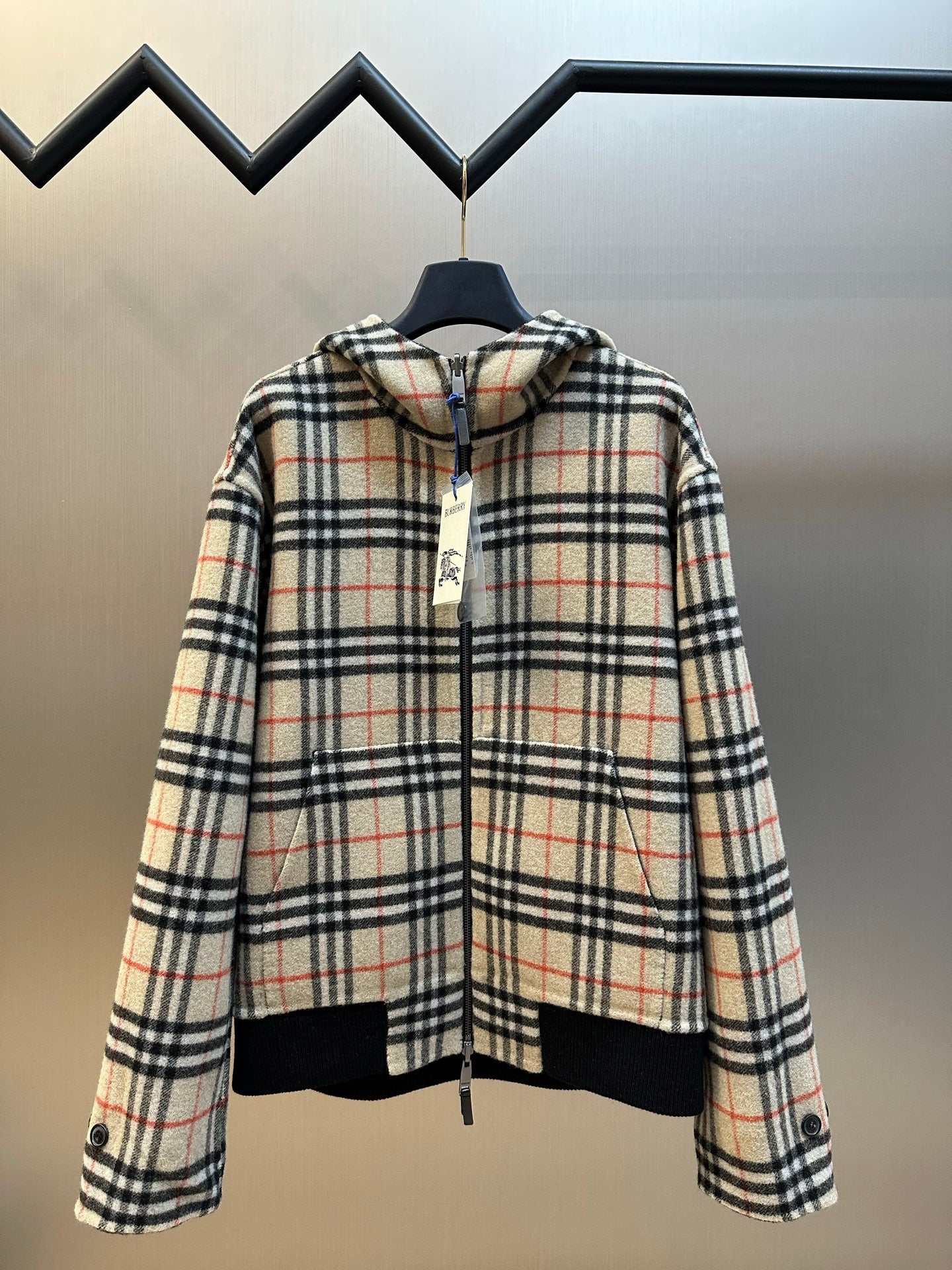 Burberry hooded plaid zip jacket, cream with black and red grid, front pockets