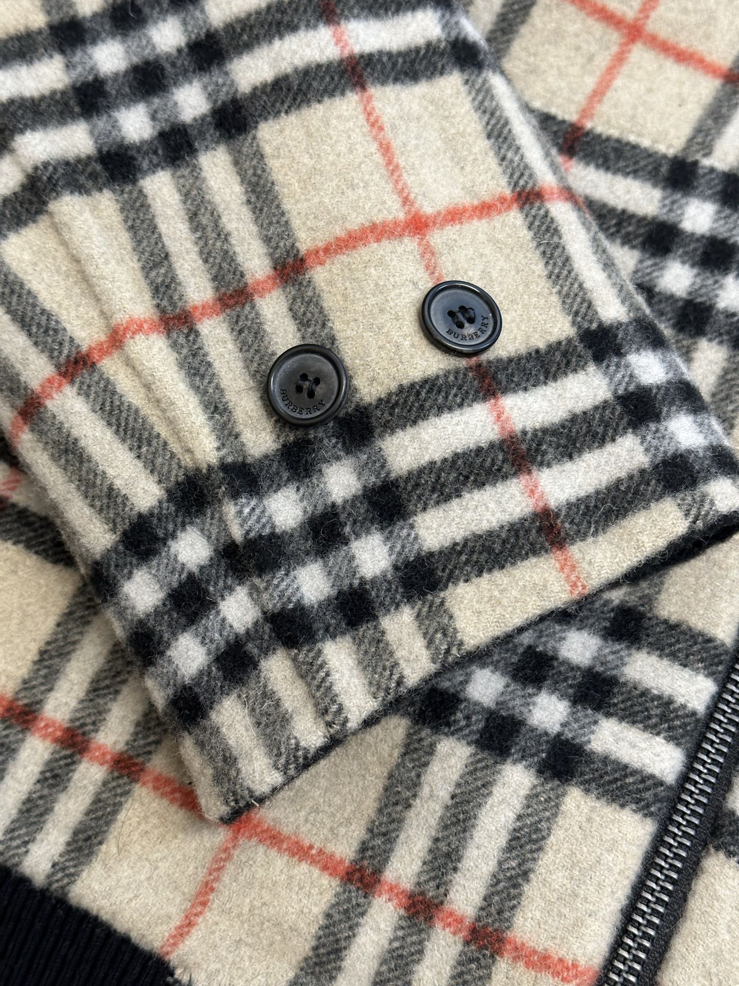Burberry plaid hooded jacket cuff detail, cream black and red check, snap buttons