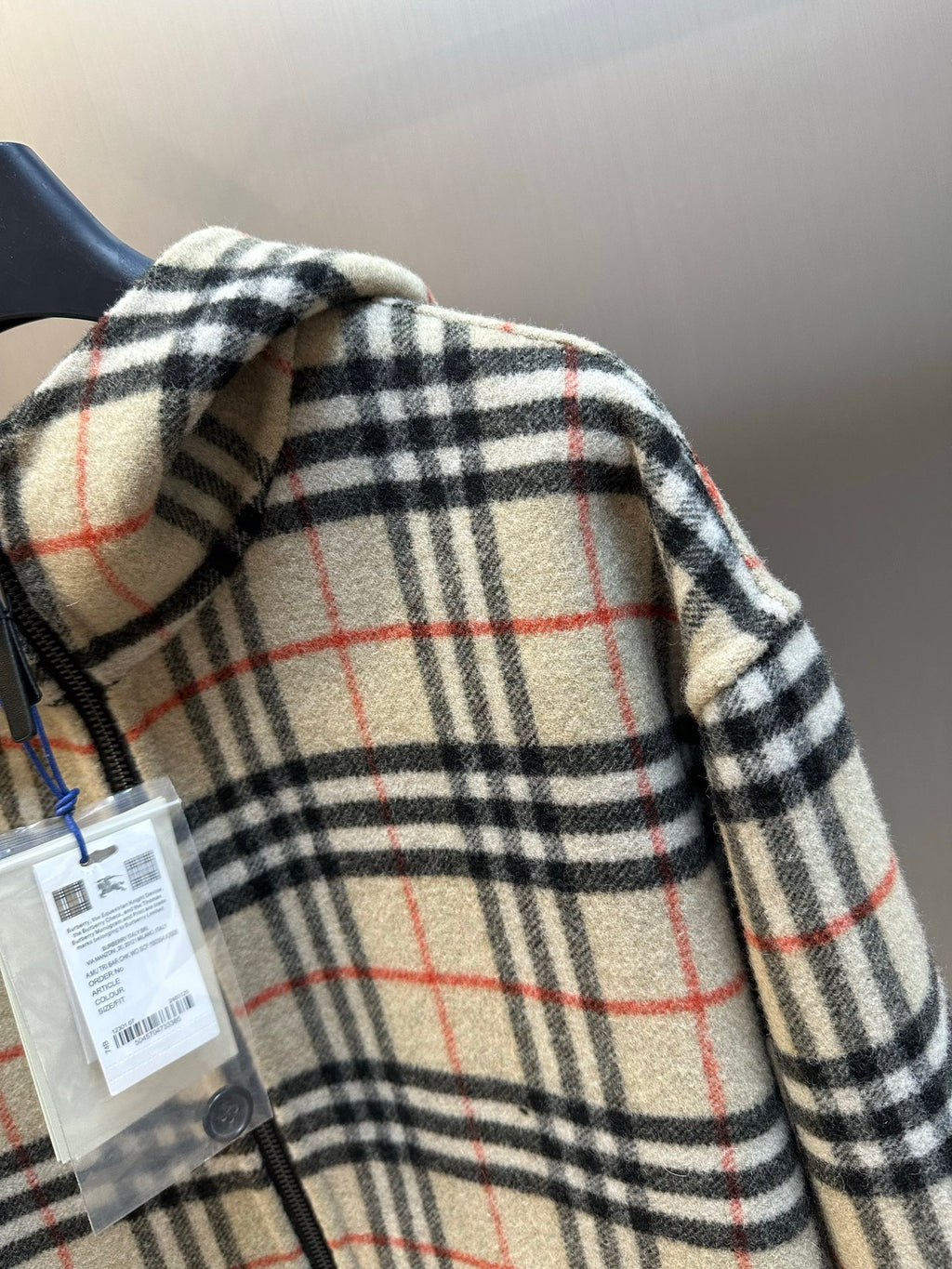 Burberry plaid hooded jacket lining detail, cream black red check, zipper and tag
