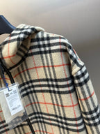 Burberry plaid hooded jacket lining detail, cream black red check, zipper and tag