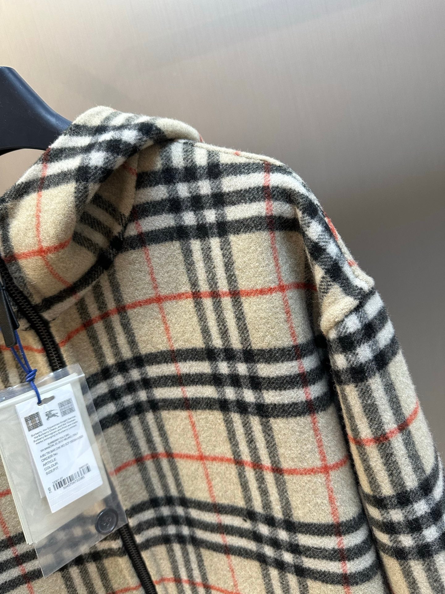 Burberry plaid hooded jacket lining detail, cream black red check, zipper and tag