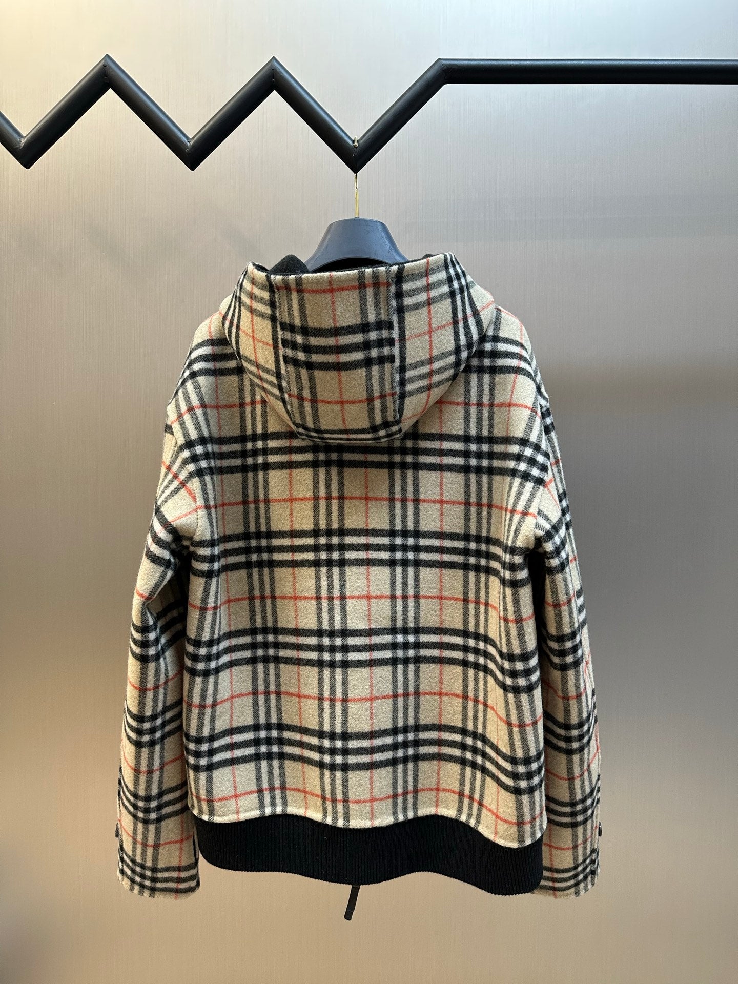 Burberry hooded plaid zip jacket, cream black and red check, rear view