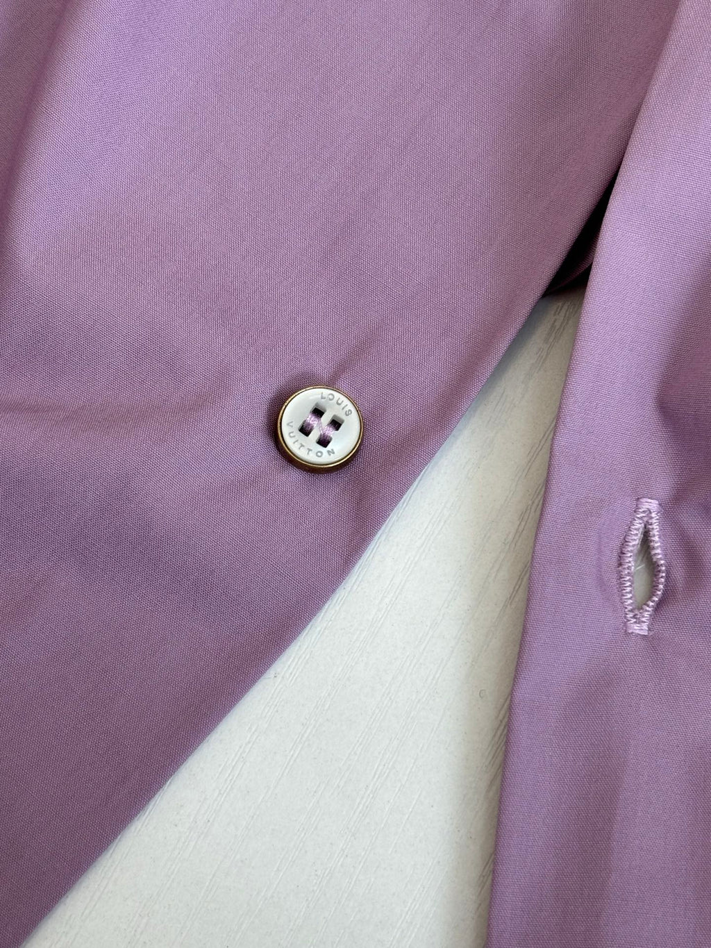 Louis Vuitton lilac shirt with round white buttons and small logo patch