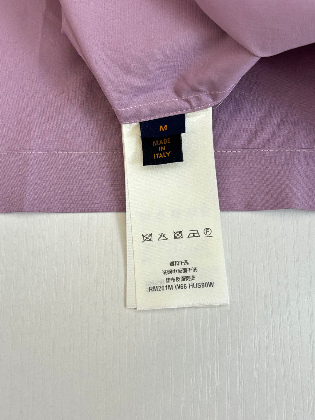 Louis Vuitton lilac shirt care label tag marked Made in Italy