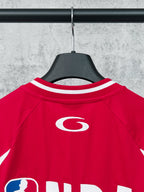 Red long-sleeve jersey back neckline with white trim and centered G logo