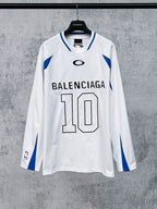 White long-sleeve T-shirt with blue stripes and front number 10 graphic