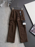 Brown cargo pants with elastic waistband, drawstring, and side pockets