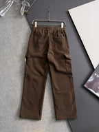 Brown cargo pants with elastic waistband and drawstring, cargo-style side pockets