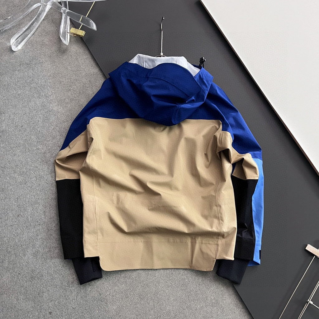 Moncler long hooded jacket back, beige center panel with blue hood and sleeves