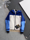 Moncler long hooded jacket, blue and white colorblock with beige lower panels