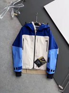 Moncler long hooded jacket, blue and white colorblock with beige lower panels