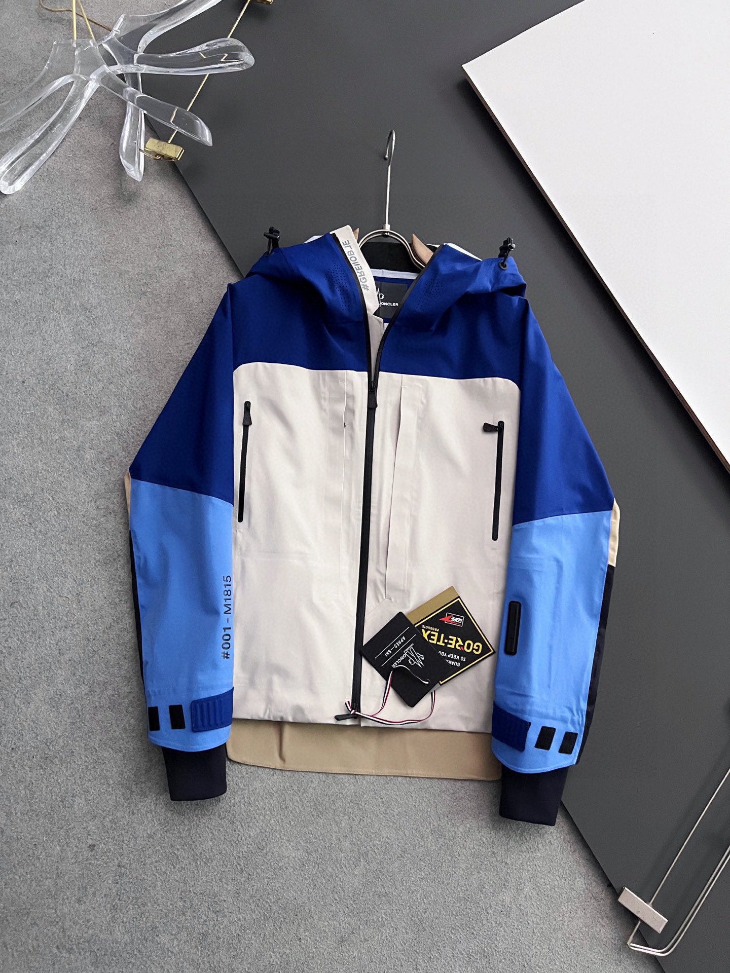 Moncler long hooded jacket, blue and white colorblock with beige lower panels