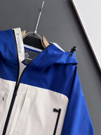 Moncler hooded jacket sleeve and chest pocket, blue and white with black zipper