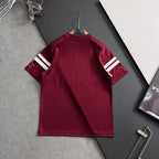 Burgundy crewneck T-shirt back with white striped details on the sleeves