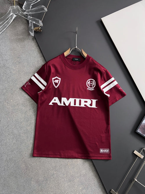 Amiri crewneck T-shirt in burgundy with AMIRI logo and striped sleeves