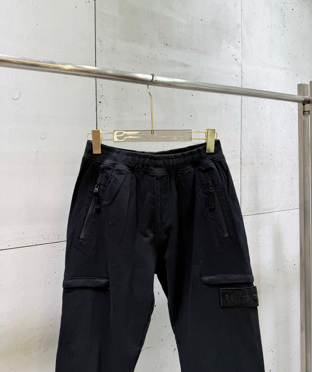Black cargo pants with drawstring waistband and side cargo pocket
