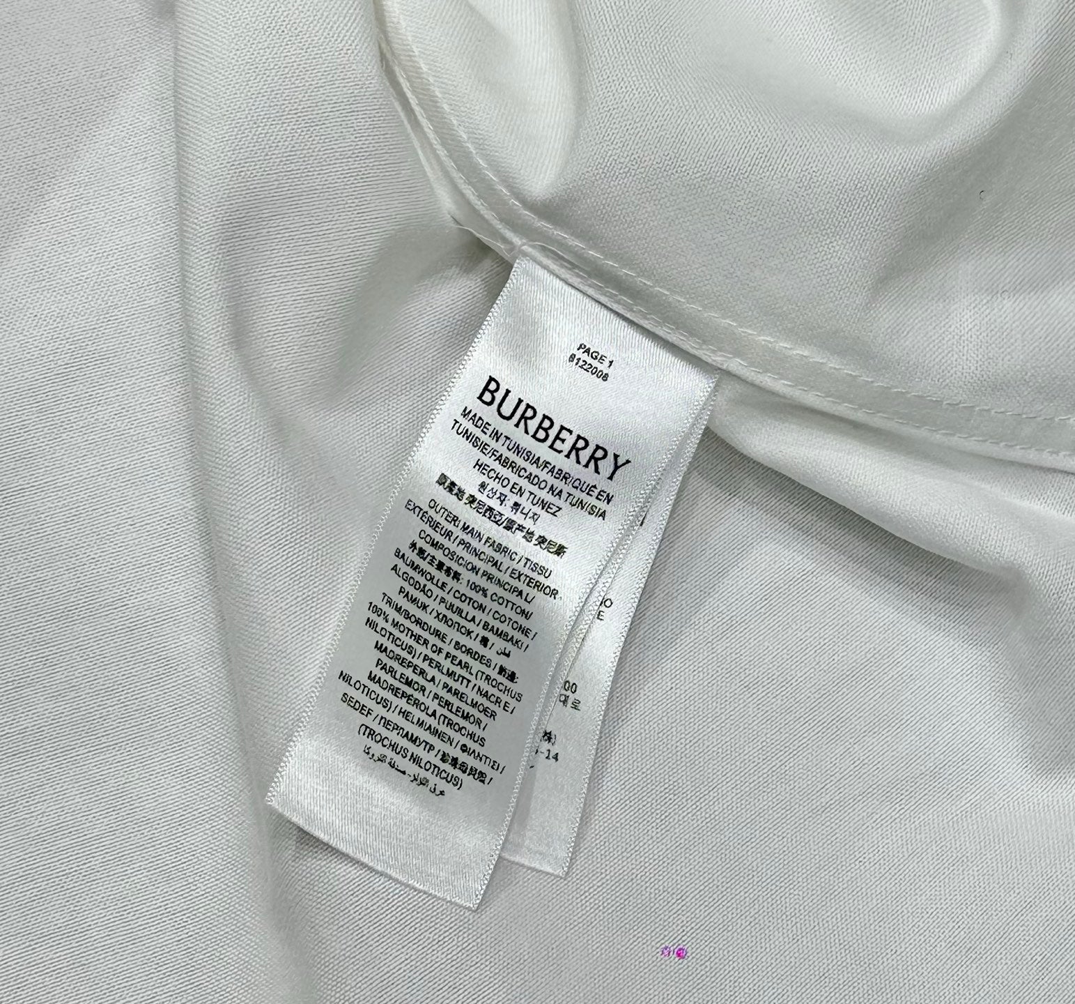 Burberry size-care label inside white shirt