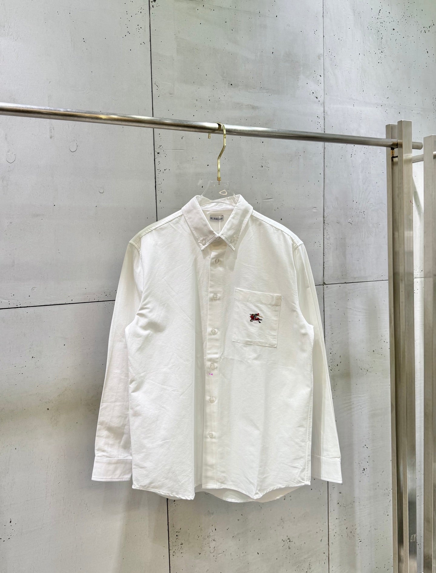 Burberry long-sleeve button-up shirt, white, embroidered logo on chest