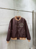 Burgundy satin bomber jacket with striped ribbed collar, snap buttons, LV Since 1854