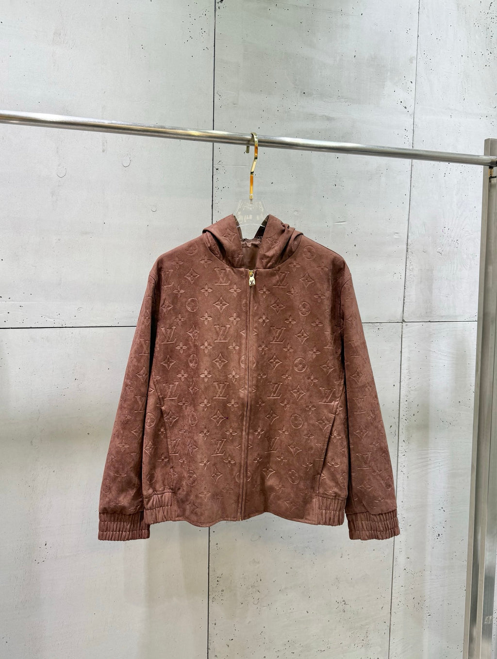 Louis Vuitton monogram hooded jacket with zip, mauve-brown, long sleeves