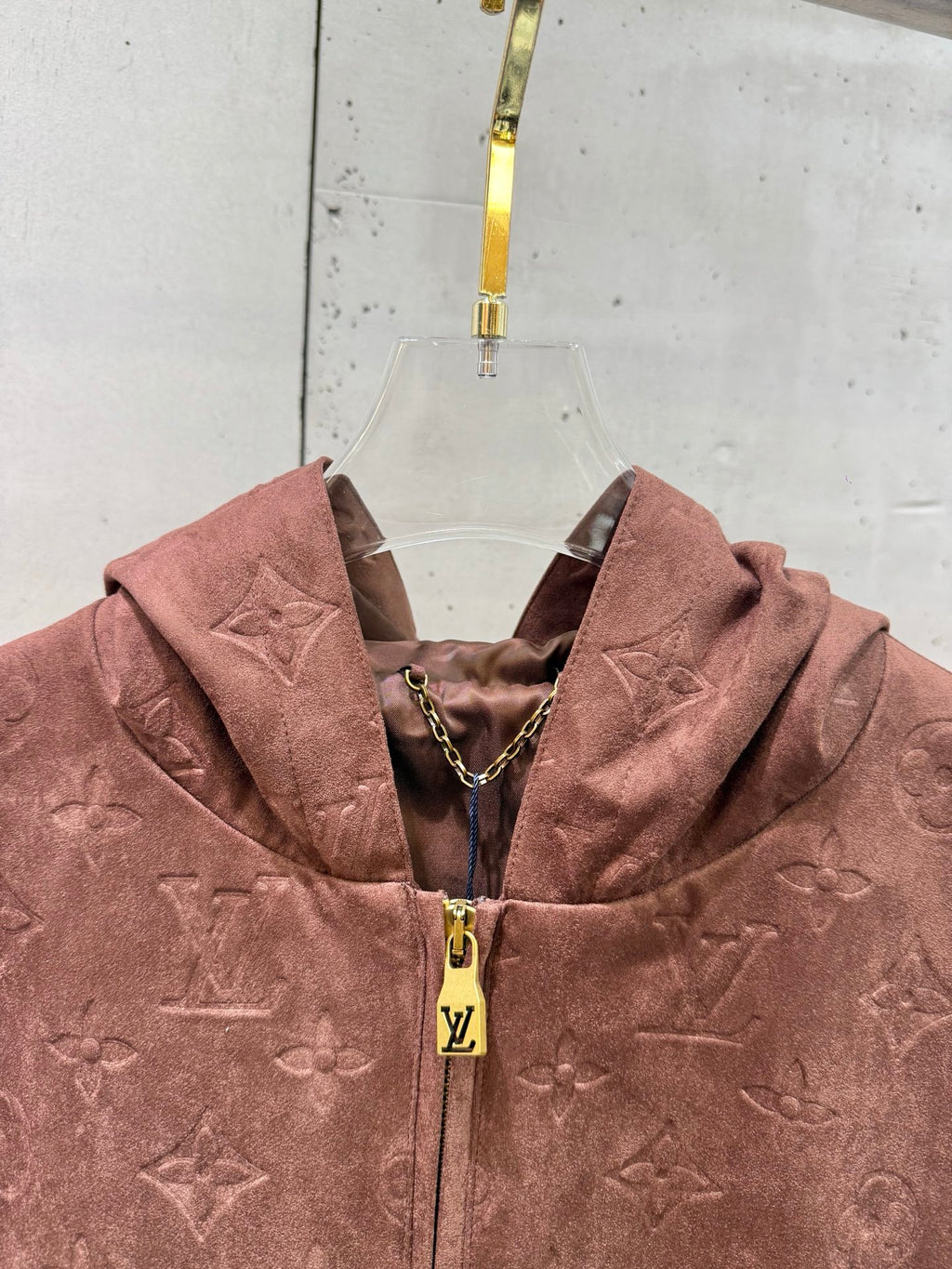Louis Vuitton monogram hooded jacket, mauve-brown, open hood and central zip