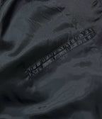 Black bomber jacket close-up showing stitched pocket panel and fabric texture
