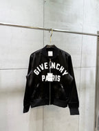 Givenchy black bomber jacket with full zip and large “GIVENCHY PARIS” graphic