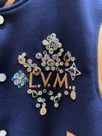 Jeweled LV logo applique on Louis Vuitton varsity jacket front