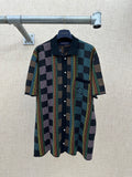 Dark multicolor checkered short-sleeve button-up shirt with spread collar