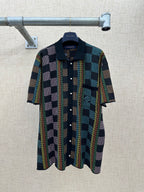 Dark multicolor checkered short-sleeve button-up shirt with spread collar