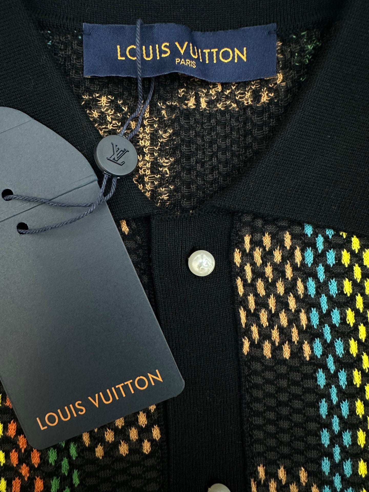 Louis Vuitton button-up shirt neckline with neck label and round logo button