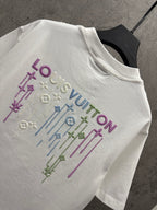 White T-shirt back with colorful Louis Vuitton sword-pattern embroidery
