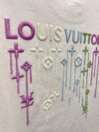 Close-up of colorful Louis Vuitton back embroidery on white T-shirt