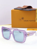 Louis Vuitton sunglasses, purple frame, light blue lenses, gold logo metal detail