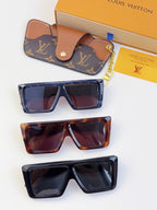 Set of Louis Vuitton sunglasses in blue, black, and tortoiseshell with case and chain.
