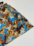 Gucci patterned shorts, blue and brown all-over print with gathered hem edge.