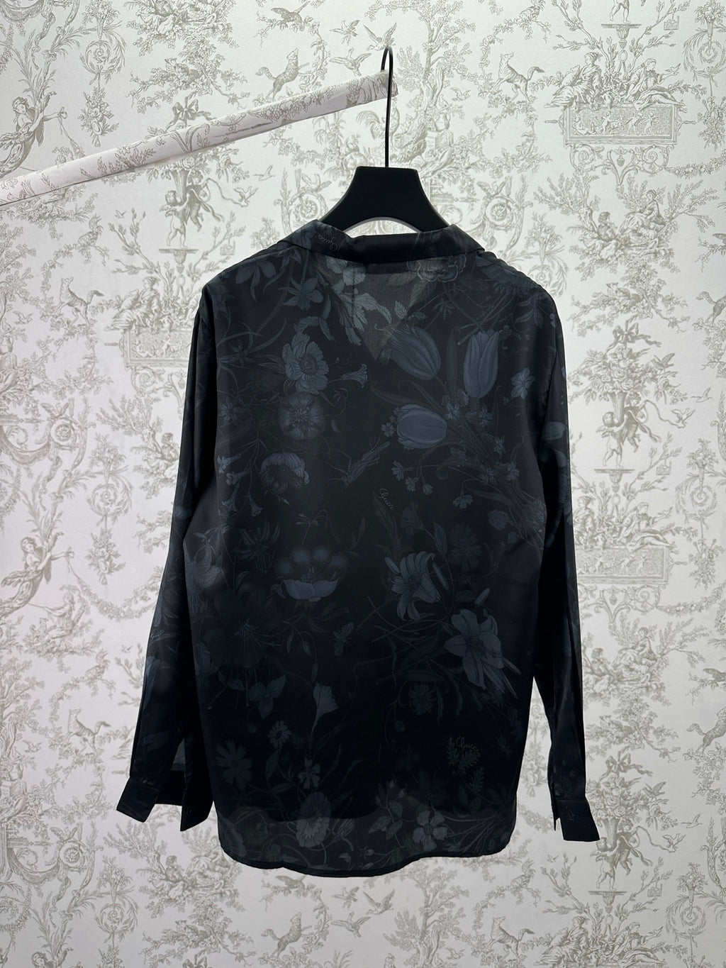Long-sleeve button-up shirt, dark with allover light floral pattern
