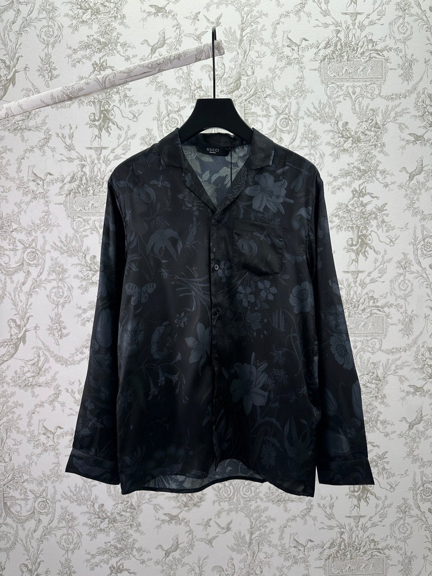 Gucci long-sleeve button-up shirt, dark with light floral pattern