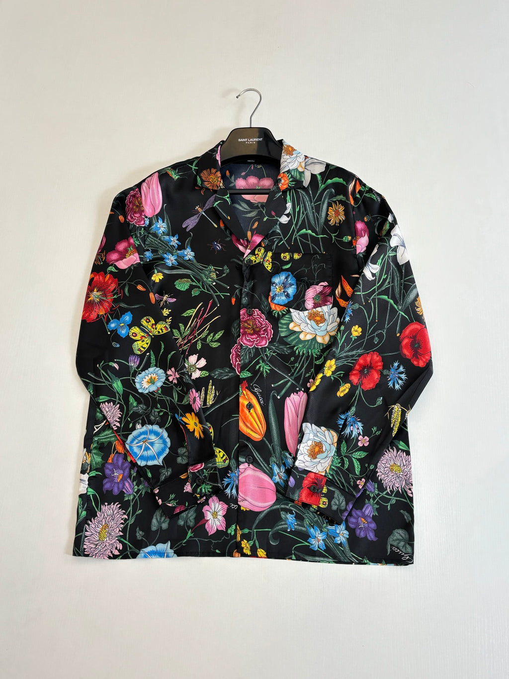 Dark long-sleeve shirt with multicolor floral and butterfly print
