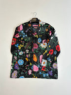 Dark long-sleeve shirt with multicolor floral and butterfly print