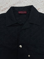 Dark navy Gucci-pattern short-sleeve shirt, collar and button placket