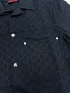 Dark navy Gucci-pattern short-sleeve shirt front, pocket and buttons