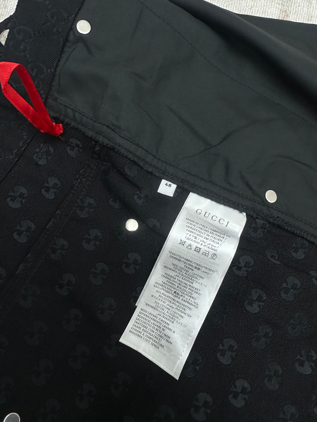 Gucci dark navy shorts with GG-style monogram pattern, care label and drawstring tag