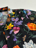 Gucci short-sleeve shirt fabric close-up, colorful butterflies and flowers pattern