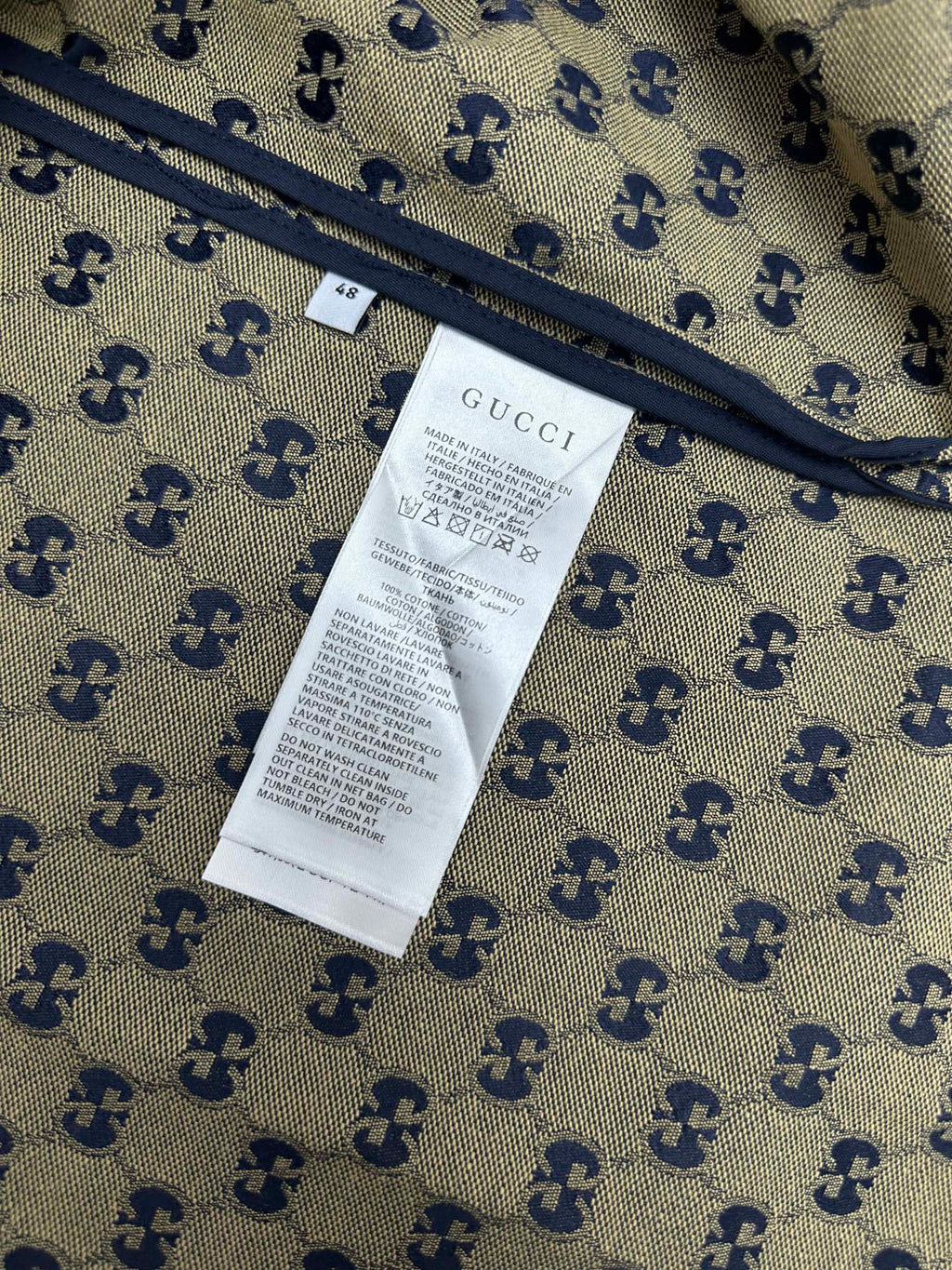 Gucci short-sleeve shirt care label and interior neckline trim