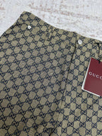 Gucci shorts close-up showing GG monogram print, button detail and waistband