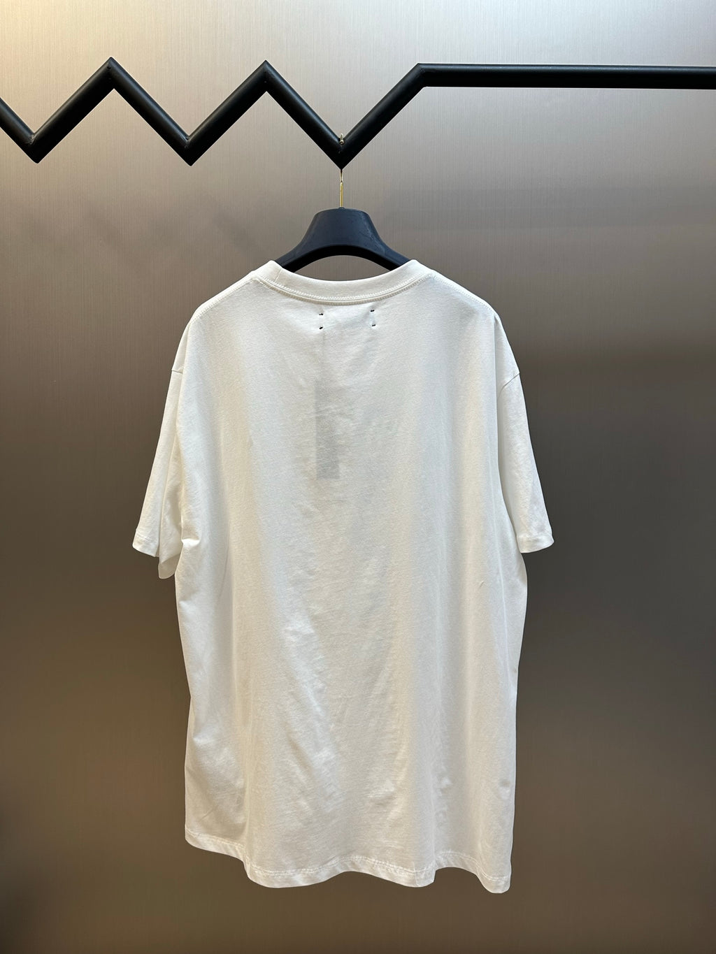 Back view of white crew-neck T-shirt on hanger