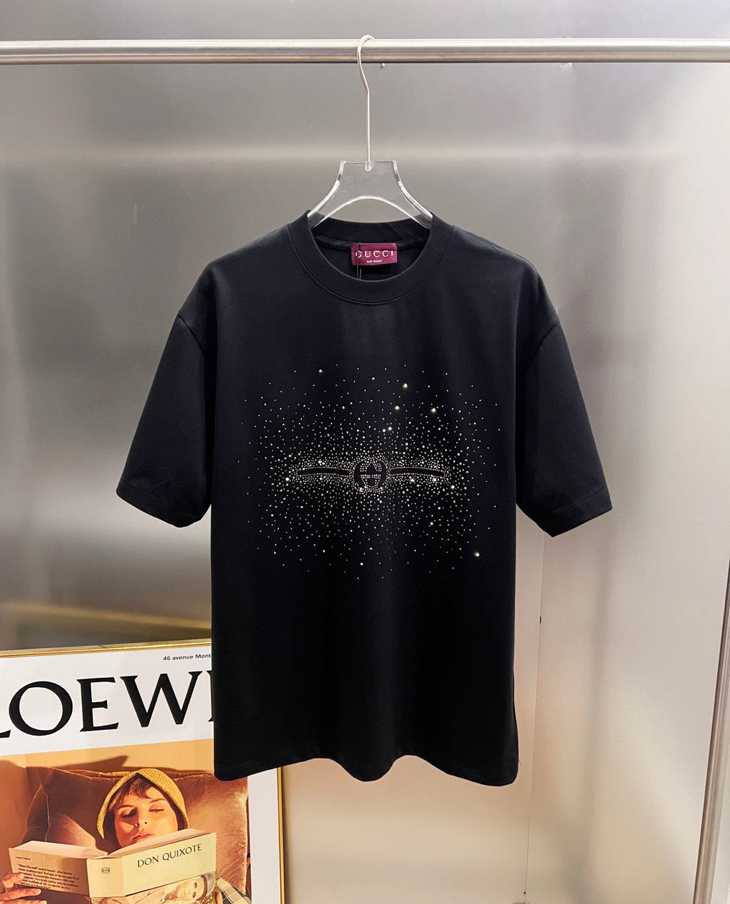 Black Gucci short-sleeve T-shirt with rhinestone winged emblem on chest