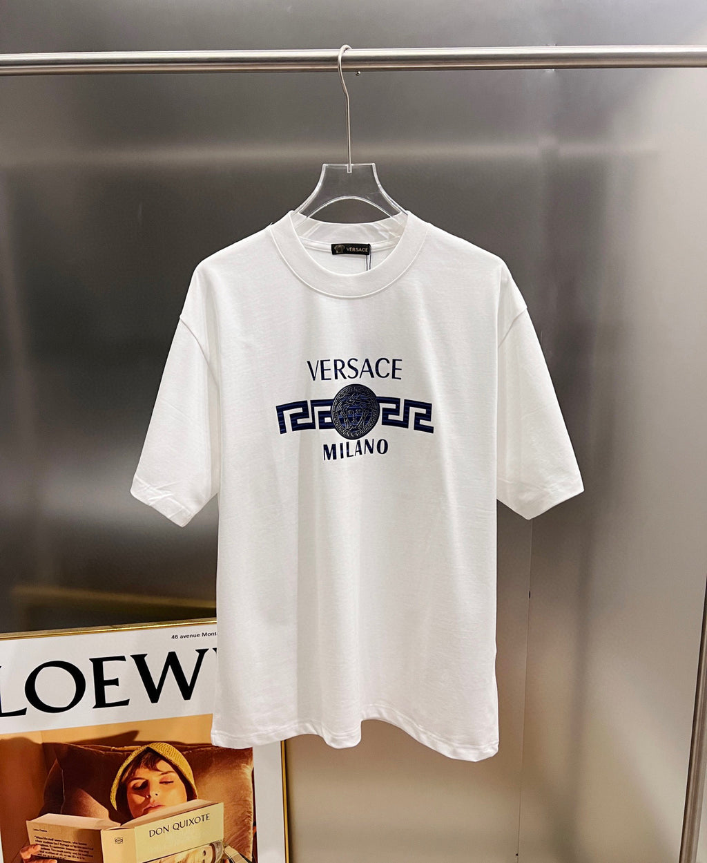 White crewneck T-shirt with short sleeves and Versace Milano graphic print